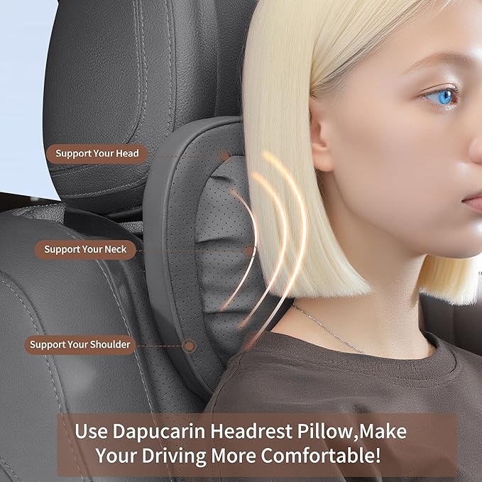 Car Neck Pillow [No More Pressure] Soft Comfortable Premium Leather Headrest with Adjustable Strap – Ergonomic Support for Driving, Office & Gaming, Gray, 2 Pack