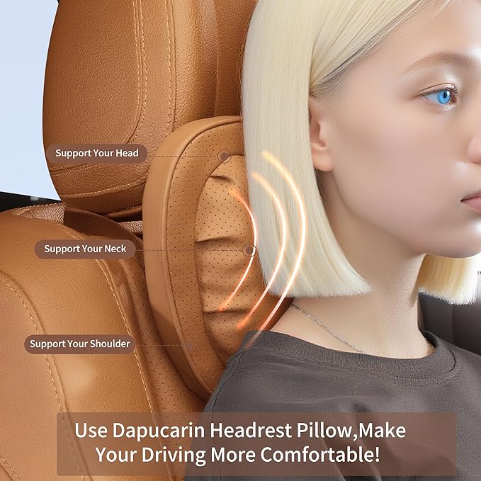Car Neck Pillow [No More Pressure] Soft Comfortable Premium Leather Headrest with Adjustable Strap – Ergonomic Support for Driving, Office & Gaming, Palomino Brown, 1 Pack