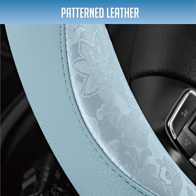PIC AUTO Steering Wheel Cover, Light Blue Patterned Leather Patchwork Design, Universal Fit 14.5"–15.5", Anti-Slip, Odor-Free, Soft PU Grain Leather, Durable Grip Car Accessory for Girls & Women