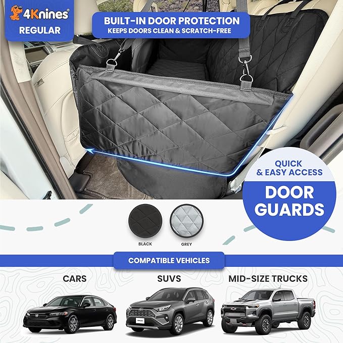 4Knines Hard Bottom Back Seat Extender for Dogs – Waterproof Dog Car Seat Cover – Heavy Duty Backseat Protector for Cars, SUVs, Trucks – Built-in EZ Open Door Protector (Patent Pending) Black, Regular
