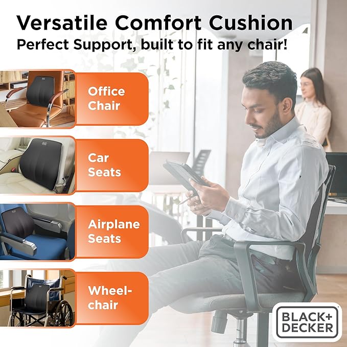 BLACK+DECKER Memory Foam Lumbar Support Pillow, Lumbar Cushion for Office, Car, Wheelchair & Airplane – Adjustable Strap, Full Back Pain Relief, Washable Cover, Black/Grey