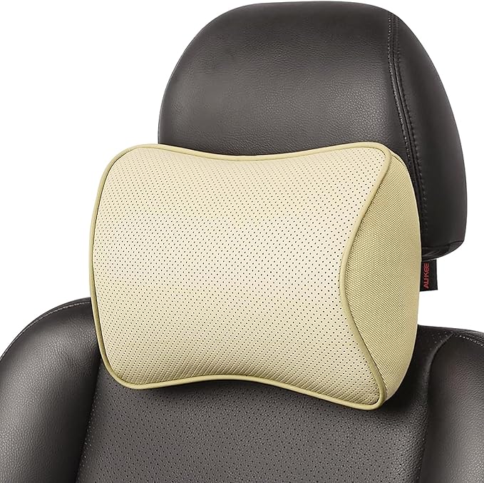 Aukee Memory Foam Car Neck Pillow Soft Leather Headrest for Driving Home Office Beige (1PC)