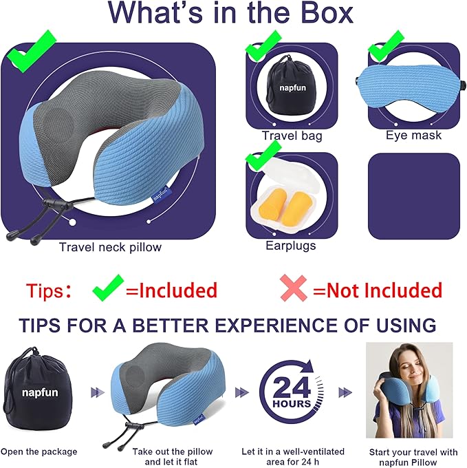 napfun Neck Pillow for Traveling, Upgraded Travel Pillow for Airplane 100% Pure Memory Foam Flight Pillow for Headrest Sleep, Travel Essentials, Luxury Sets (Optional), Striped Sky Blue Set