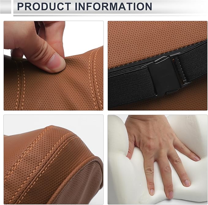 Car Headrest Pillow Ergonomic Comfortable Neck Support Pillow Nappa Leather and Memory Foam Adjustable Width Brown 1 Pcs for Driving