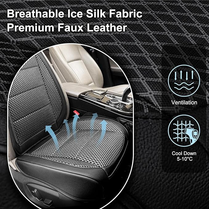 1 Pack Ventilated Cooling Car Seat Cover for Summer, 3D Air Mesh Breathable Leather Front Seat Protector with Storage Pocket, Universal Fit Non-Slip Seat Cushion for Car Truck SUV(Black)
