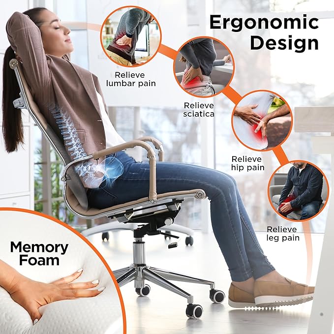 BLACK+DECKER Memory Foam Lumbar Support Pillow, Lumbar Cushion for Office, Car, Wheelchair & Airplane – Adjustable Strap, Full Back Pain Relief, Washable Cover, Grey/Blue