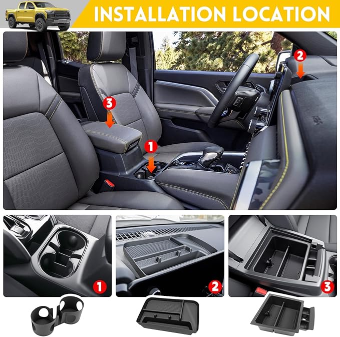 3PCS Center Console Organizer for 2023-2025 Chevy Chevrolet Colorado/GMC Canyon Armrest Tray Dashboard Storage Box and Cupholder Insert for 2023 2024 2025 Colorado/Canyon Accessories