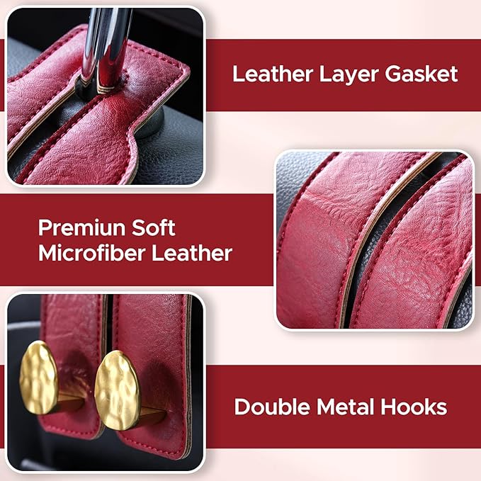 4 PCS Leather Car Seat Hooks for Headrest, Vehicle Hanger Storage Organizer Universal for Handbag Purse, Car Accessories Gift (Red-Gold-4 PCS)