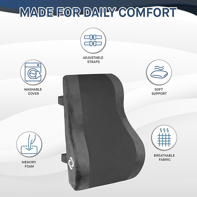Samsonite Ergonomic Lumbar Support Pillow for Office Chair and Car Seat - Memory Foam Back Support Lumbar Pillow, Premium Cushion Chair Support for Lower Back Pain Relief and Versatile Use (Gray)