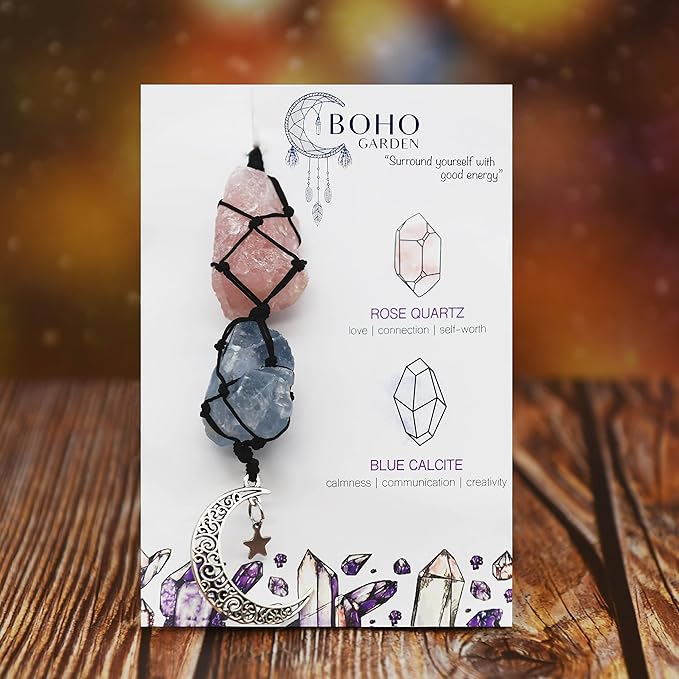 BOHO GARDEN Hanging Car Charm - Rose Quartz, Blue Calcite - Dangling Moon & Healing Crystal Accessories, Rearview Mirror Decorations - Love, Connection, Self-Worth, Calmness, Communication, Creativity