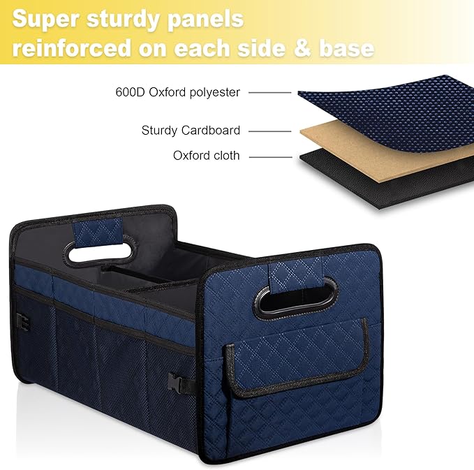 JiatuA Car Trunk Organizer for SUV, Car Storage Organizer Collapsible Multi Compartment Container Box, Adjustable Car Accessories for Women/Men, Dark Blue