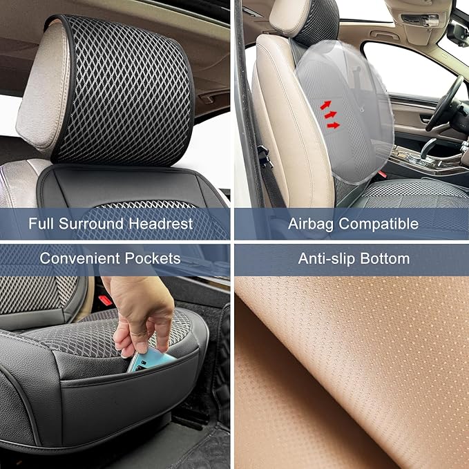 1 Pack Ventilated Cooling Car Seat Cover for Summer, 3D Air Mesh Breathable Leather Front Seat Protector with Storage Pocket, Universal Fit Non-Slip Seat Cushion for Car Truck SUV(Black)