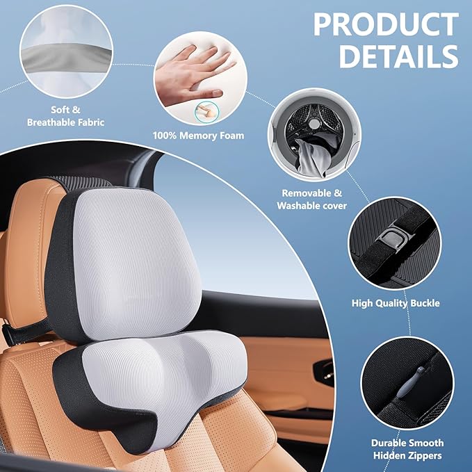 BEBAS Car Headrest Pillow for Neck Pain Relief with Adjustable Strap | Neck Pillow for Driving with Ergonomic Memory Foam | Head Neck Shoulder Trinity Support Design Car Rest Seat | Gray 1 Pack