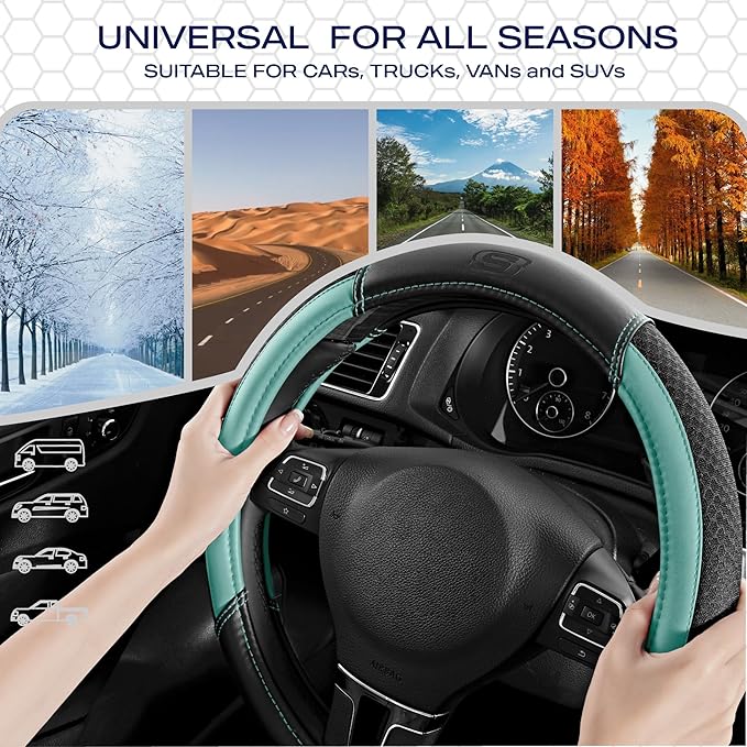 Skechers Air-Cooled Steering Wheel Cover,Air Cool Mesh Leather Car Steering Wheel Cover Universal Fit 14" 1/2-15" Car Wheel Protector for Men Women Fit Suvs,Vans,Sedans,Car,Trucks,Mint
