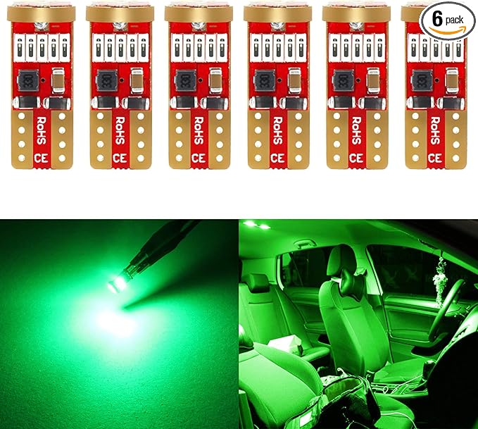 PHINLION 194 168 Green LED Light Bulbs Super Bright 15-SMD 4014 Chipsets 175 2821 T10 Wedge LED Replacement for Car Interior Dome Map Reading Courtesy Trunk Parking License Plate Lights, Pack of 6