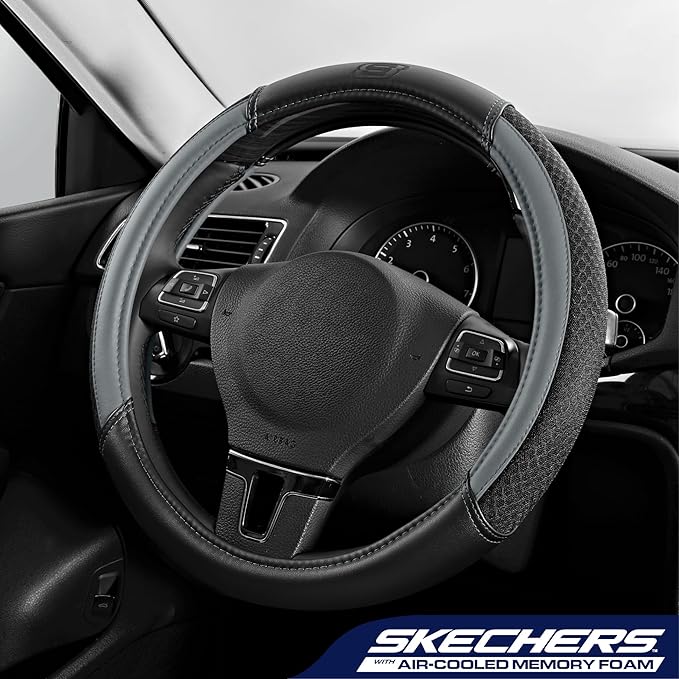 Skechers Air-Cooled Steering Wheel Cover,Leather Car Steering Wheel Cover Universal Fit 14" 1/2-15" Car Wheel Protector for Men Women Fit Suvs,Vans,Sedans,Car,Trucks,Gray