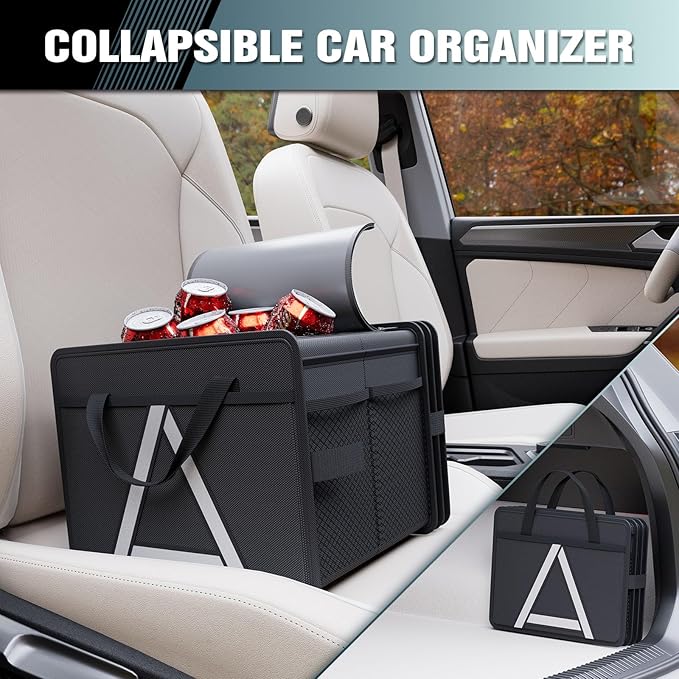 K KNODEL Sturdy Car Trunk Organizer with Premium Insulation Cooler Bag, 3 Compartments Heavy Duty Collapsible for Car, SUV, Truck, or Van (Medium, Black)