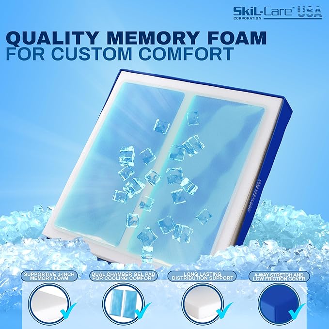 Skil-Care Premium Gel-Foam Cushion, 18" W x 18" D x 3" H, Dual-Layer Foam with Gel Core for Pressure Relief, 4-Way Stretch Low Shear Cover, Ideal for Wheelchairs and Chairs, 751390