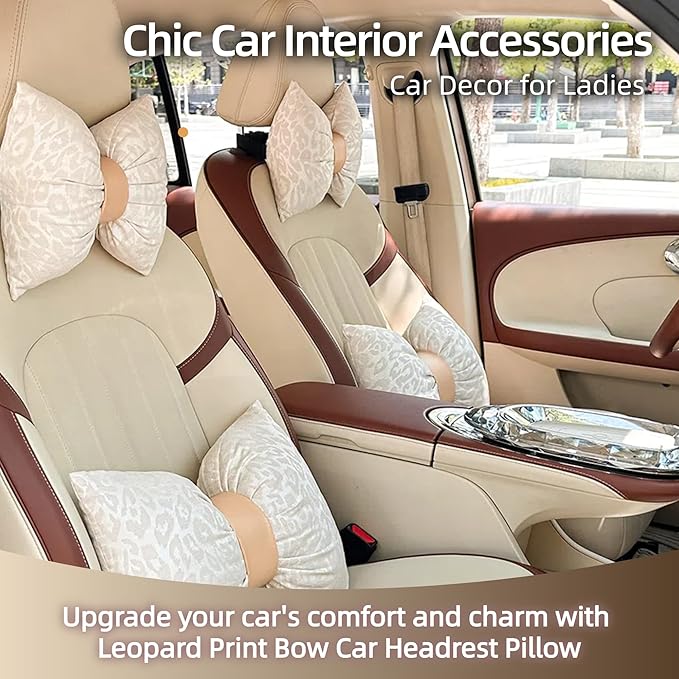 Car Headrest Pillow with Leopard Print Chic Car Interior Breathable Neck Support Cushions Fits for Most Cars (Beige Pillow)