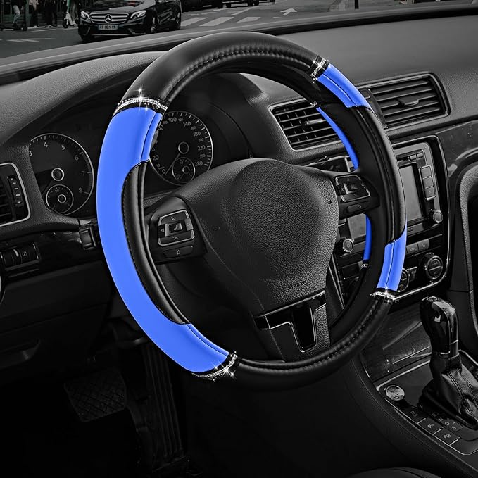 Road Comforts Leather Steering Wheel Cover - Made with PVC Leather - Anti-Slip, Universal Fit 14 1/2 inches to 15 inches - Blue