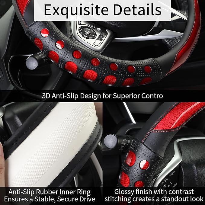 PU Leather Car Steering Wheel Cover with Anti-Slip Grip, for Women and Men, Universal Fit for 14.5-15 Inch Cars, Trucks, SUVs (Red (Round), Medium(Standard) Size[14 1/2''-15''])