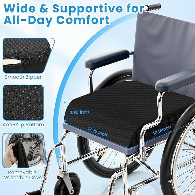 Wheelchair Seat Cushion - Cooling Gel & Memory Foam Office Chair Cushion with Non-Slip Bottom & Washable Cover, Ergonomic Car Seat Pillow for Sciatica, Tailbone, Back Comfort (Black)