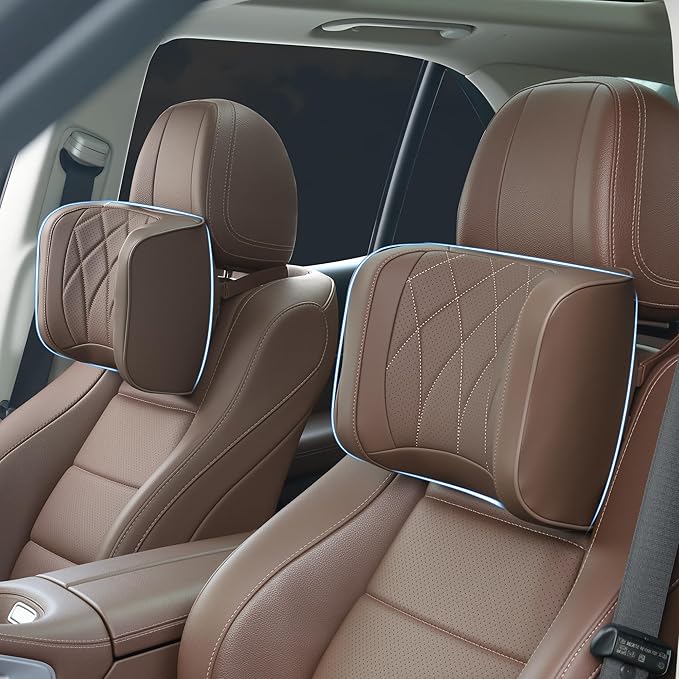 Car Headrest Pillow U-Shaped, Memory Foam Head Neck Support Cushion for Driving, Leather Head Rest Travel Pillows for Sleeping, Breathable Removable Cover, Brown, 2 Pack