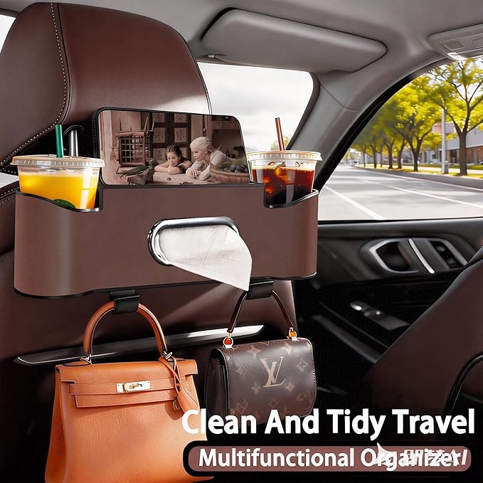 Car Backseat Organizer for Kids & Travelers - 4 in 1 Multifunctional Car Seat Back Storage with Cup Holder, Tissue Box, Snack/Handbag Holder - Nappa Leather Universal Fit for SUV/Van/Sedan (Brown)