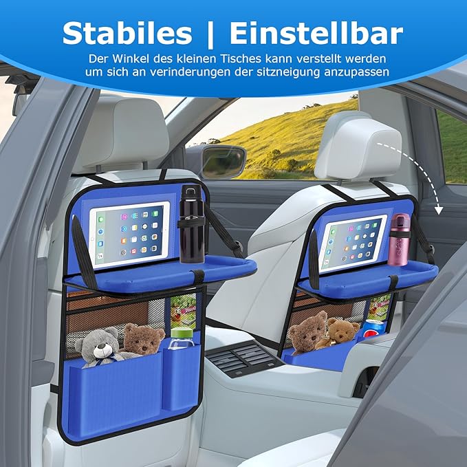 Car Seat Organizer with Table Tray, 2Pack Backseat Car Organizer with 9 Storage Pockets for Bottle Snack Books on Travel Road Trip Essentials for Kid Adult(Blue)