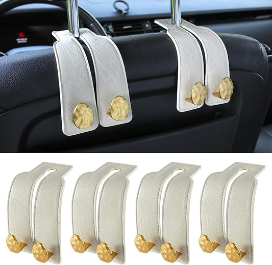 4 PCS Leather Car Seat Hooks for Headrest, Vehicle Hanger Storage Organizer Universal for Handbag Purse, Car Accessories Gift (White-Gold-4 PCS)