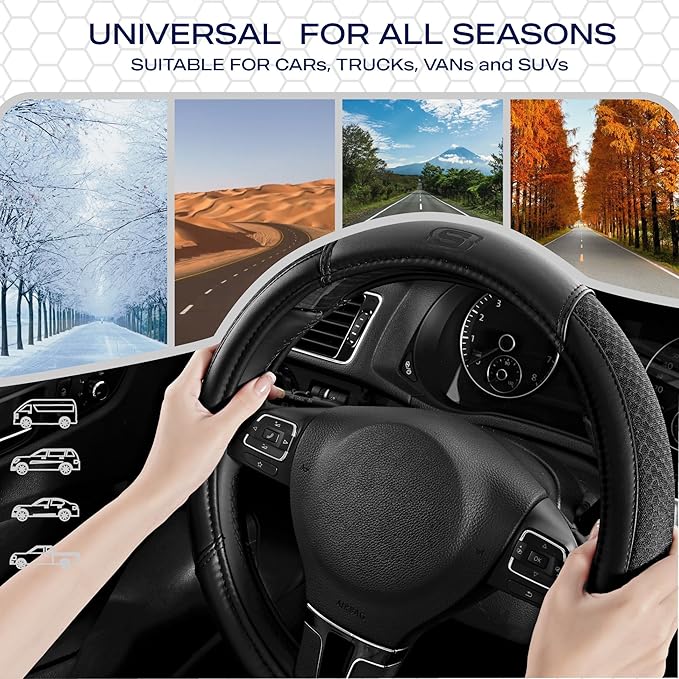 Skechers Air-Cooled Steering Wheel Cover,Leather Car Steering Wheel Cover Universal Fit 14" 1/2-15" Car Wheel Protector for Men Women Fit Suvs,Vans,Sedans,Car,Trucks,Black