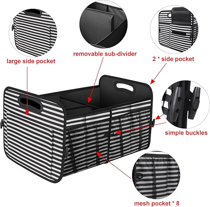 Femuar Car Trunk Organizer,Car Storage Organizer with 72L Large Capacity Waterproof Collapsible and 11 Pockets,Trunk Organizer for Car Suv/Jeep/Sedan, Large Size, Stripe