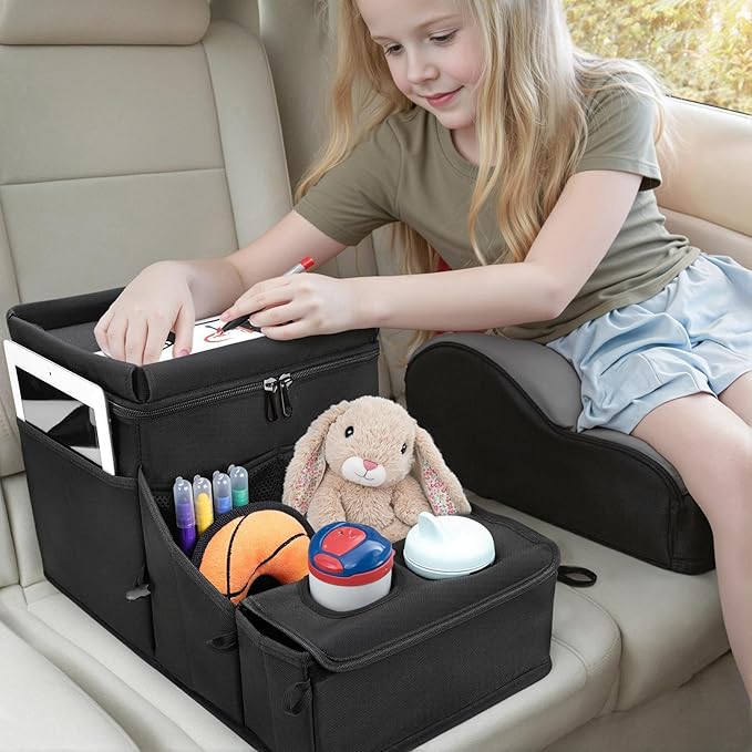 Car Seat Organizer, Backseat Car Organizer with Cup Holder Tray and Storages for Kids and Adults, Portable Travel Cooler for Car for Front or Back Seat Passenger Organizer Ccompartment (Black)