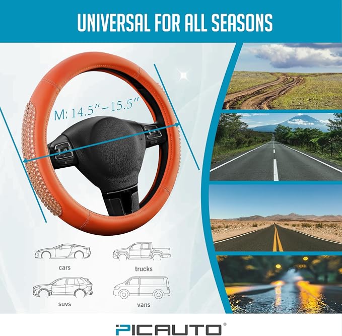 PIC AUTO Steering Wheel Cover, Glitter Gel Particles & Orange Luxury Leather Car Steering Cover, Universal Fit 14.5"-15.5" Anti-Slip Car Wheels Cover for Girls & Women