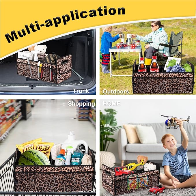 JiatuA Car Trunk Organizers and Storage Collapsible Multi Compartment Container Box, Adjustable Car Accessories for SUV Sedan Truck, Large Size, Leopard Print