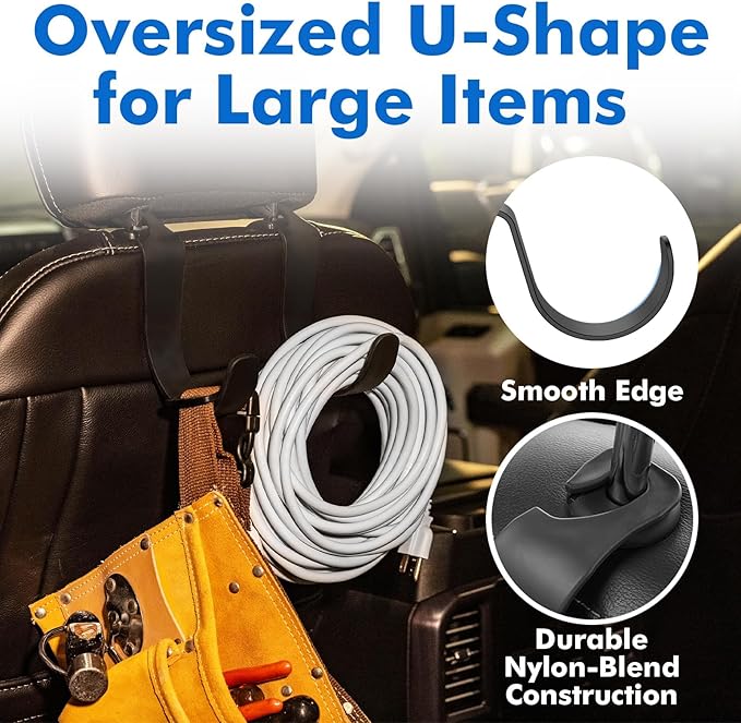 XL Hard Hat Holder for Truck Seat – Heavy-Duty Headrest Hooks, Hardhat Buddy Hanger & Seat Back Organizer for Hard Hats, Bags & Gear, Truck Accessory Organizer, 4-Pack