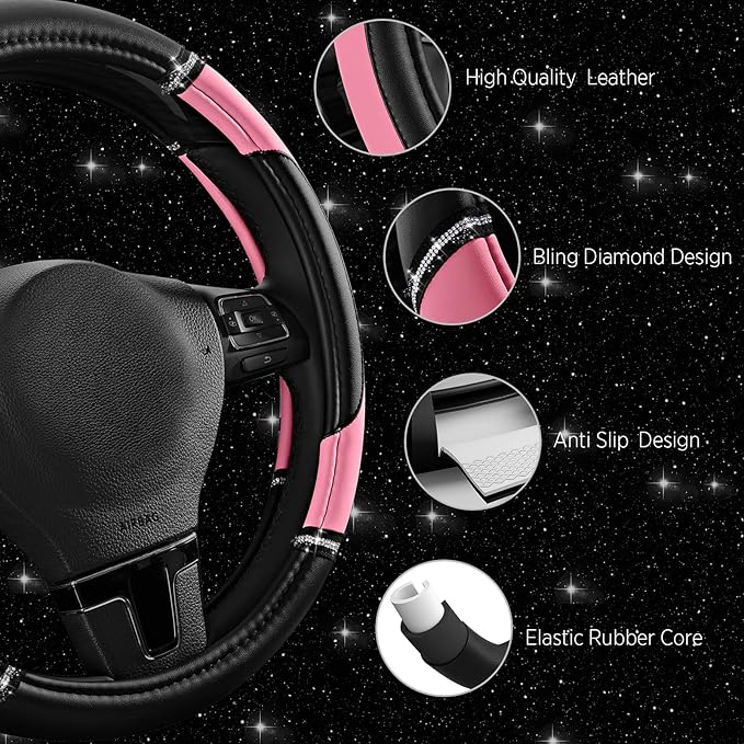 Road Comforts Leather Steering Wheel Cover - Made with PVC Leather - Anti-Slip, Universal Fit 14 1/2 inches to 15 inches - Pink