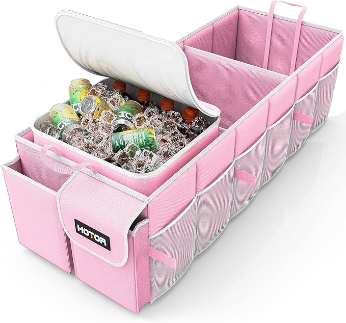 HOTOR Trunk Organizer, Sturdy Foldable with Cooler for Car & SUV, 3 Compartments, Pink, 30.90”×12.60”×10.63”