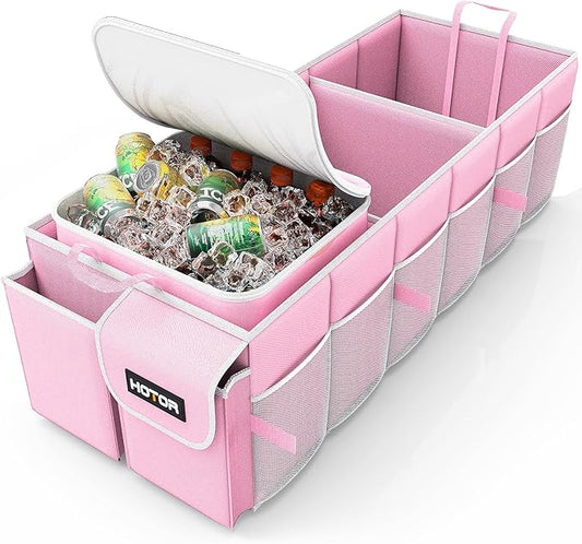 HOTOR Trunk Organizer, Sturdy Foldable with Cooler for Car & SUV, 3 Compartments, Pink, 30.90”×12.60”×10.63”