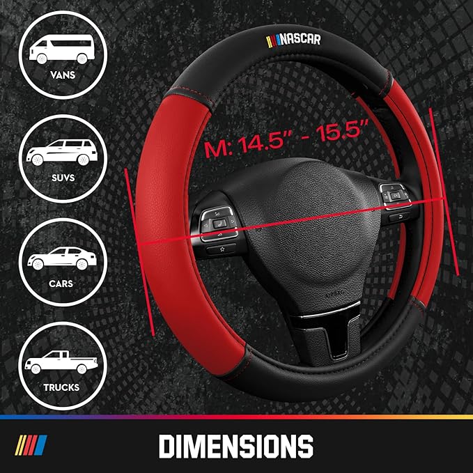 NASCAR Steering Wheel Cover, Two-Tone Red Leather Patchwork, Universal Fit 14.5"-15.5" Steering Covers for Cars, Anti-Slip, Soft Grip, Odor-Free, Trucks & SUVs, Racing Style Interior Upgrade