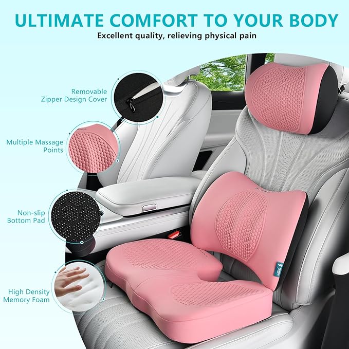 FLORICH 3 PCS Seat Cushion for Carseat Lumbar Support Pillow Car Neck Headrest Pillows Memory Foam Gel Memory Foam Massage Point Seat Pads Pressure Relief Back Cushion for Office Chair(Light Pink)