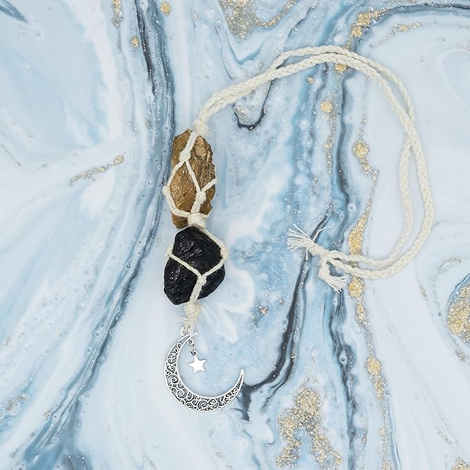 BOHO GARDEN Hanging Car Charm - Tiger Eye & Black Tourmaline - Dangling Moon, Healing Crystal Accessories, Rearview Mirror Decorations - Grounding, Confidence, Protection, Courage, Resilience, Energy