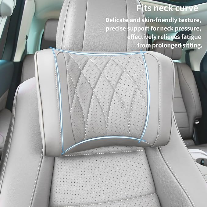 Car Headrest Pillow U-Shaped, Memory Foam Head Neck Support Cushion for Driving, Leather Head Rest Travel Pillows for Sleeping, Breathable Removable Cover, Gray, 1 Pack