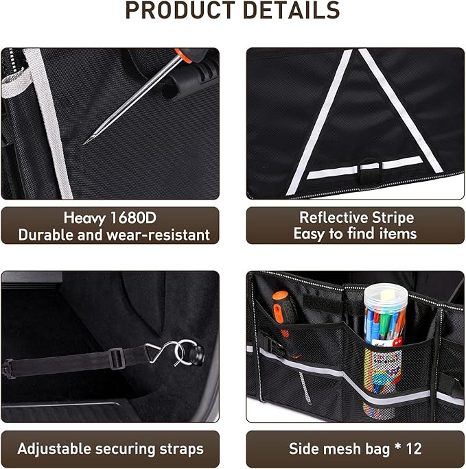 HIRALIY 4 in 1 Car Trunk Storage Organizer with Leakproof Cooler Bag, Multi-Compartment Foldable Trunk Storage Box for Car Truck SUV Black