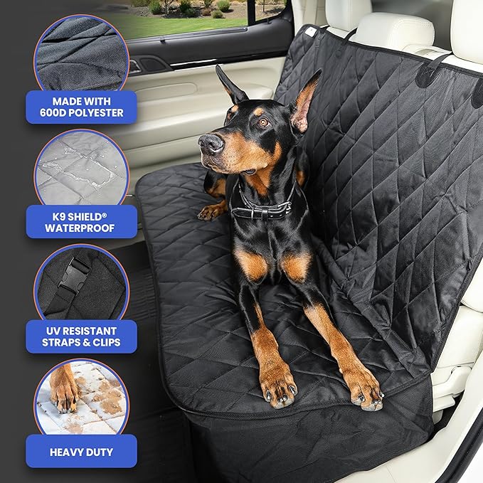 4Knines Back Seat Pet Cover for Dogs w/o Hammock – 54" Wide, Waterproof Car Seat Cover, Non-Slip, Heavy-Duty – Fits Cars, SUVs, Small Trucks – 2 Seat Belt & Latch Access – Back Seat Protector (Black)