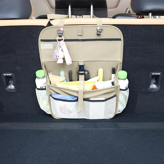 Hanging Car Trunk Organizer and Storage, Premium Faux Leather Large Capacity Storage Accessories, Backseat Car Organizer for SUV/MPV/Truck (1, Beige)