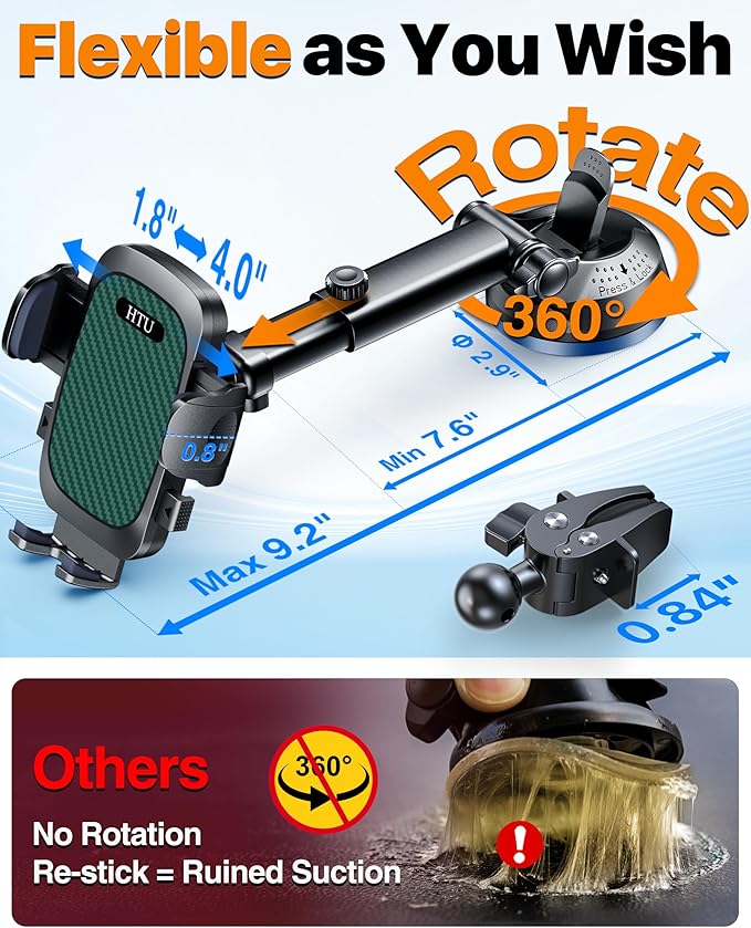 HTU 2026 Ultimate Best【True Military-Grade & Safety Cert】Car Phone Holder【Upgraded 360 Rotation & 100+LBS Strongest Suction】5-in-1 Truck Windshield Dashboard Vent Mount Stand for iPhone Android, Green