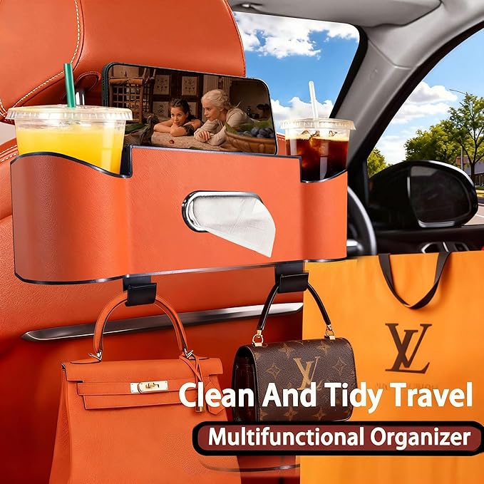 Backseat Car Organizer,4 in 1 Multifunctional Car Back Seat Storage Box with Drink Cup Holder Tissue Box, for Hold Phone,Snacks, Drinks, Handbag (Orange)