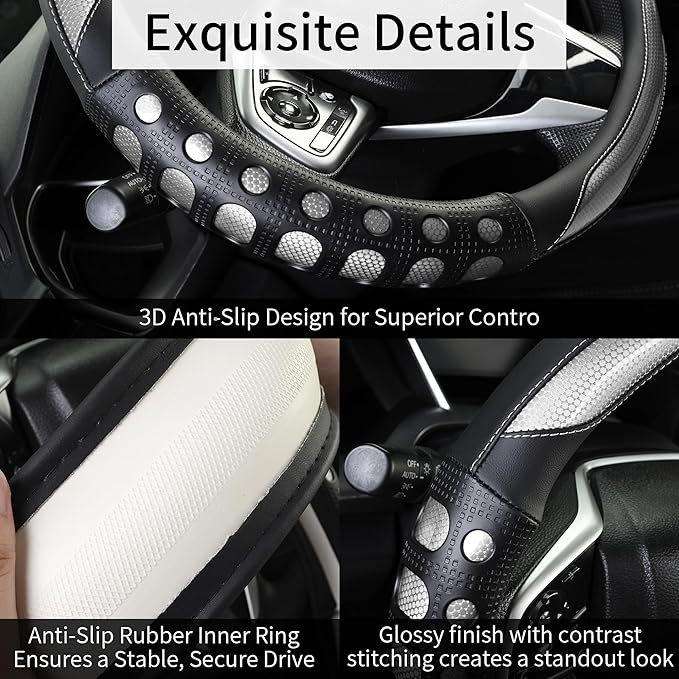 PU Leather Car Steering Wheel Cover with Anti-Slip Grip, for Women and Men, Universal Fit for 14.5-15 Inch Cars, Trucks, SUVs (Gray (Round), Medium(Standard) Size[14 1/2''-15''])