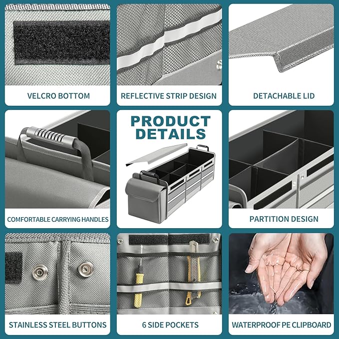 Car Trunk Organizer,115L Heavy Duty Collapsible Trunk Storage, with Insulated Leakproof Cooler Bag Vehicle Cargo Organizer with Lid, 3 Compartments, Straps For Car,Suv,Jeep,Sedan-Grey